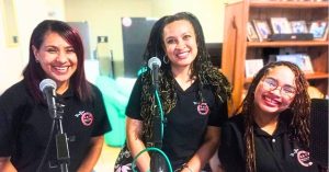 The team from Afrikaap Radio: Janine Liedeman, Elle Williams and Elzette Esau, broadcasting live from the Hessequa Radio studios in Riversdale.